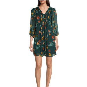 Floral print fall crinkle chiffon 3/4 sleeve v neck dress